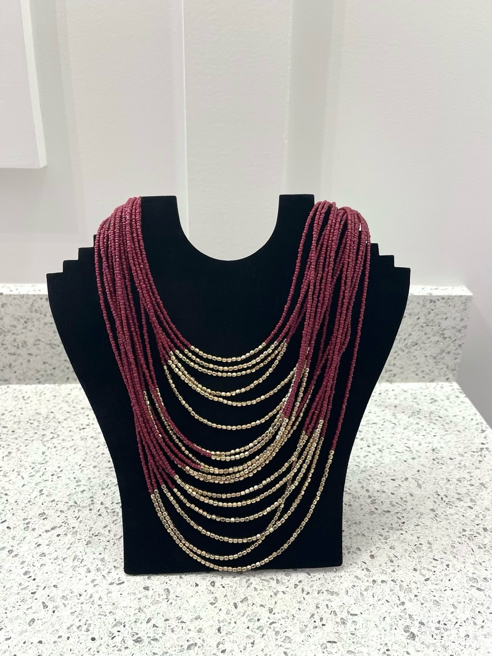 NEW! Multi-Strand Burgundy and Gold Beaded Statement Necklace